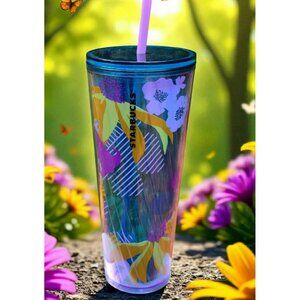 2022 Starbucks Floral Tumbler Cold Coffee Cup Straw Blue Tropical Flowers 24 Oz